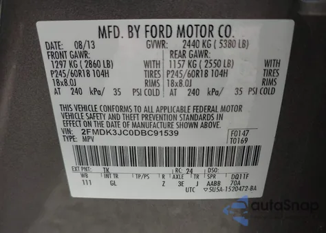 2013 Ford Edge Sel z USA, uszkodzony, nr VIN 2FMDK3JC0DBC91539